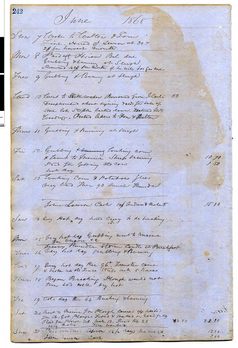 A handwritten farm journal page from June 1868
